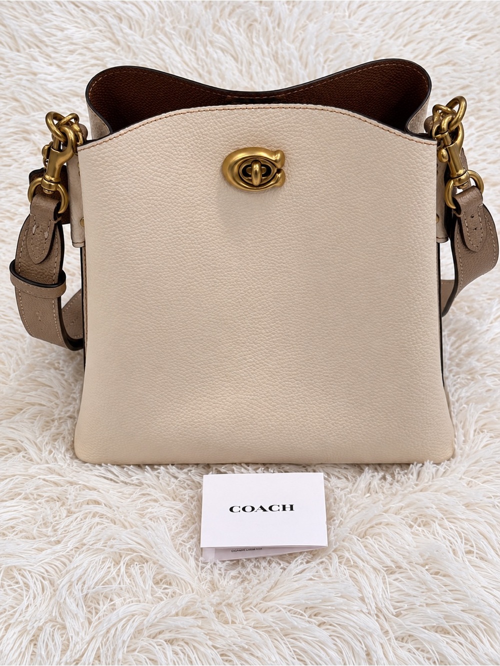 Coach Pebbled Leather Bucket Bag in Chalk with Brass Hardware